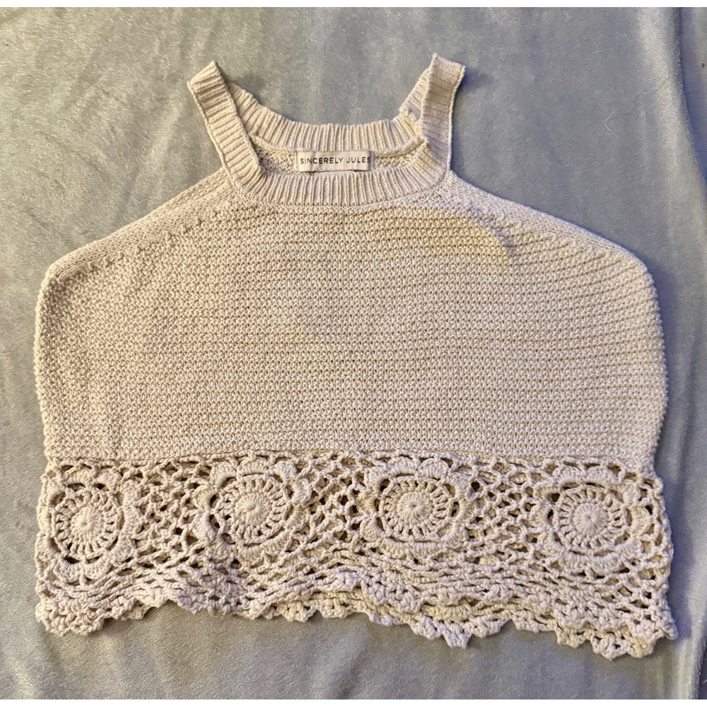 Sincerely Jules Crochet Lace Hem Knit Halter Top Women XS Cream Boho
